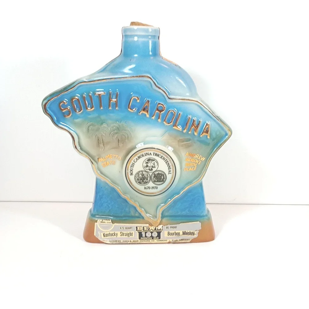 Vintage 1970 Jim Beam Decanter South Carolina Tricentennial Blue Porcelain